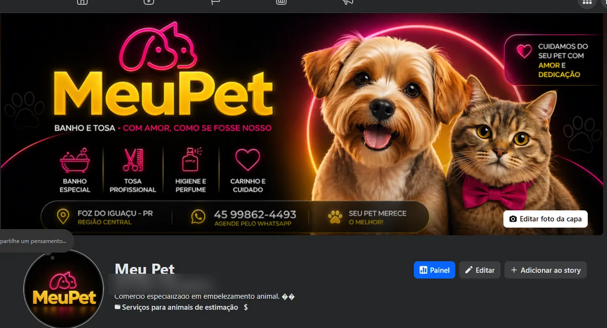 Página atual do Meu Pet no Facebook, com a identidade nova, fotos reais e serviços na capa